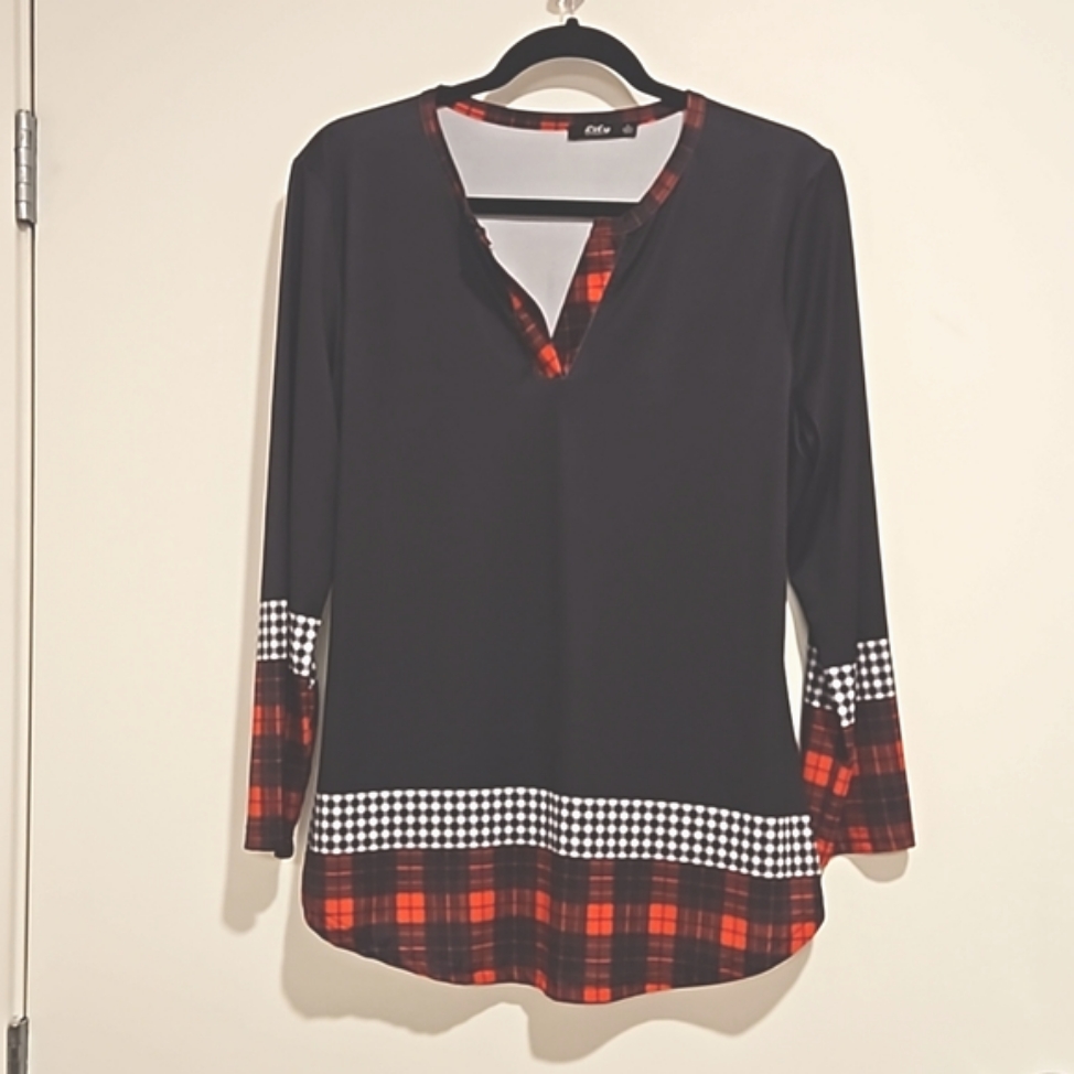 Lily By Firmiana Black Red White Long Sleeve Plaid Check Print Top Tunic Lg